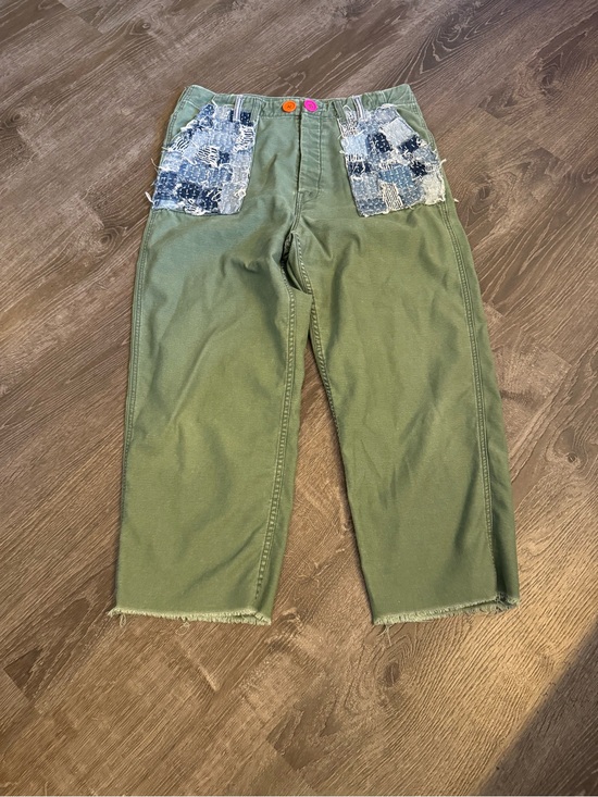 MOTHER Pants - MOTHER Upcycled Olive Green Capris with Blue Patch Sashiko Pockets